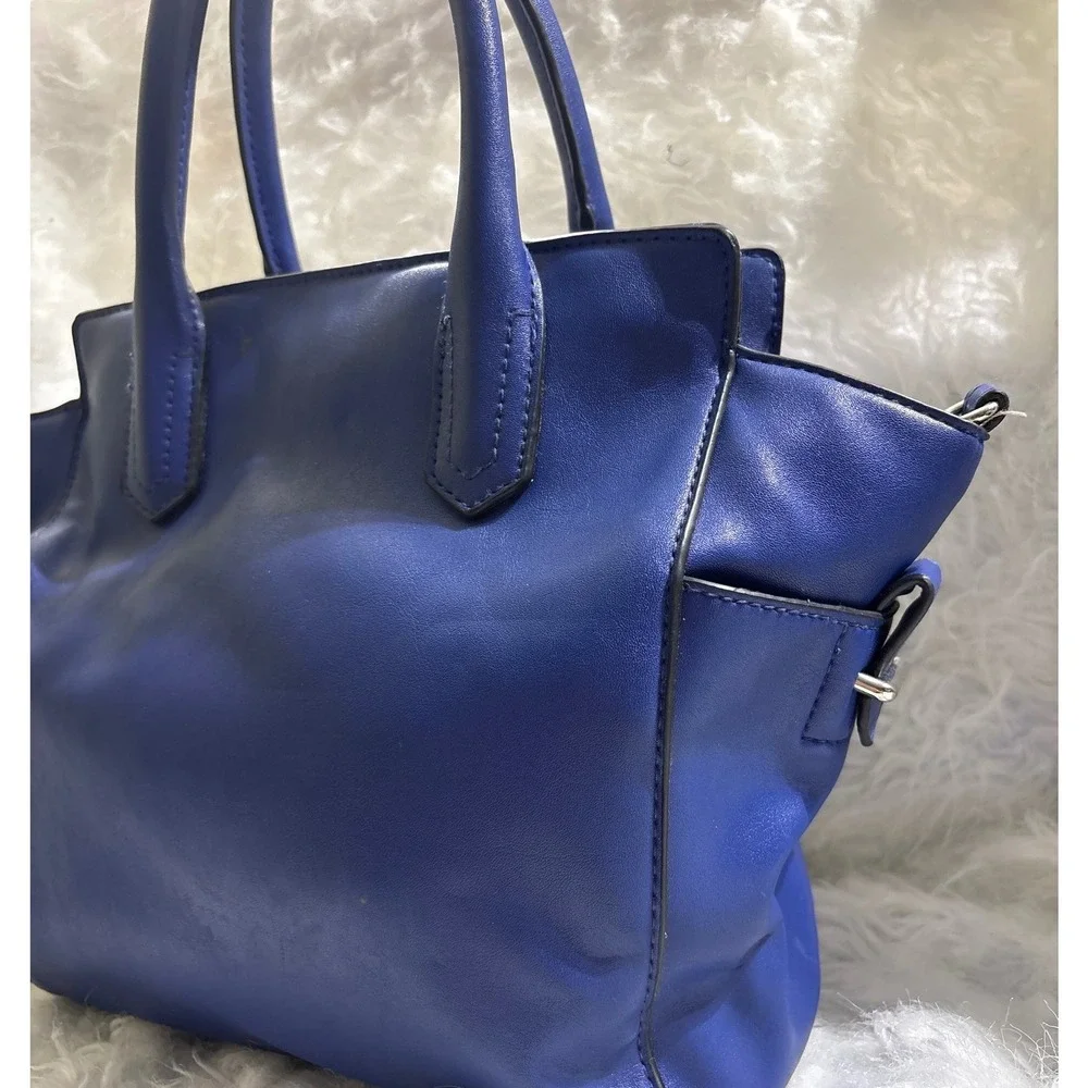 Reed Krakoff Blue‎ Faux Leather Satchel Handbag Silver Hardware Top Zip Tote